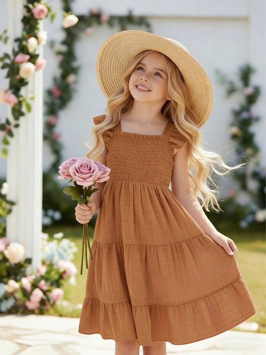 Tween girls casual long dress featuring a square neck, tiered ruffle layers, high waist shirred waist, and flounce hem.