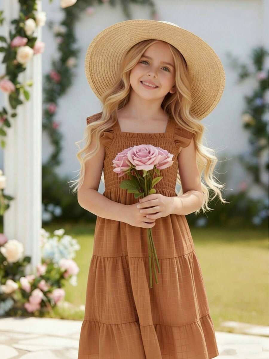 Tween girls casual long dress featuring a square neck, tiered ruffle layers, high waist shirred waist, and flounce hem.