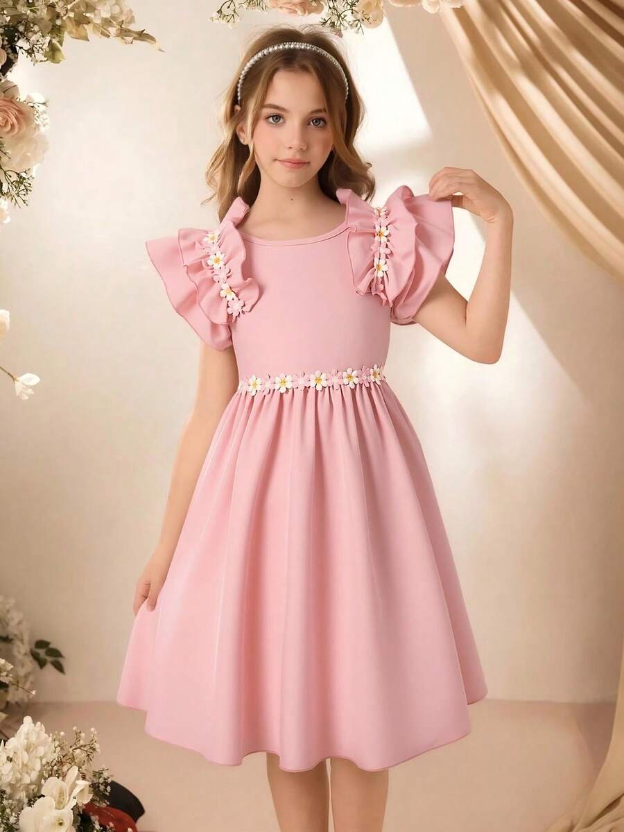 Tween girls dusty blue casual A-line dress with round neck, ruffle accents, high waist, and flared hem.
