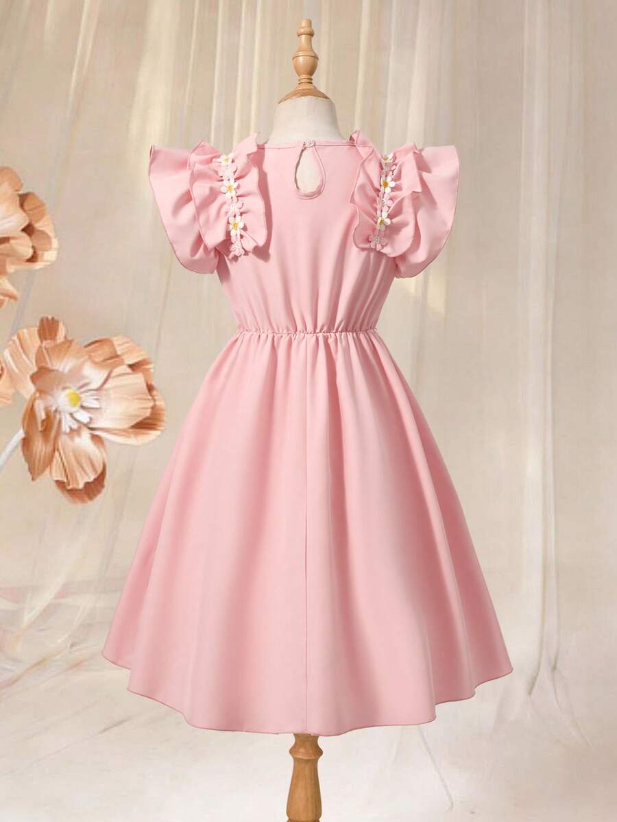 Tween girls dusty blue casual A-line dress with round neck, ruffle accents, high waist, and flared hem.