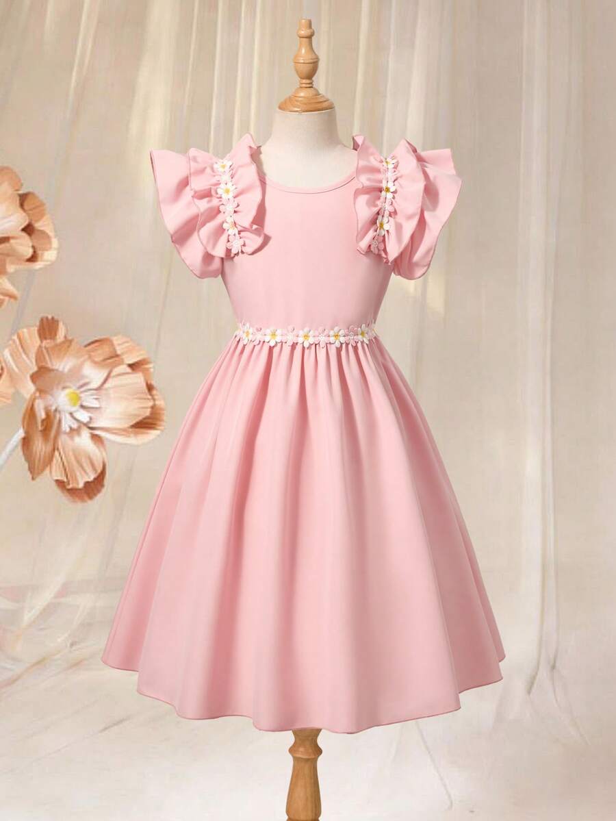 Tween girls dusty blue casual A-line dress with round neck, ruffle accents, high waist, and flared hem.