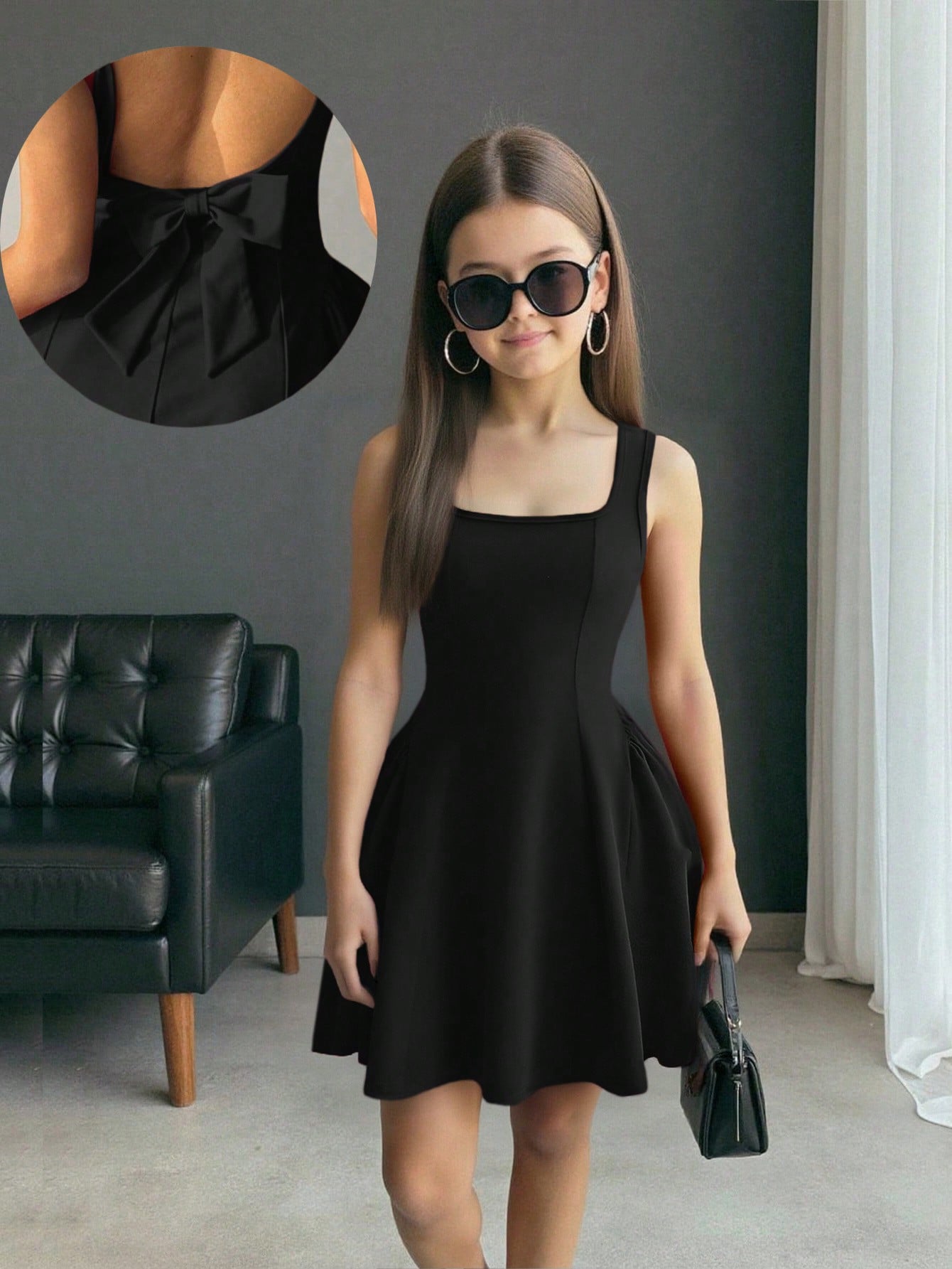 Apricot short-sleeve holiday party dress for tween girls featuring a square neckline, contrast lace details, high waist, flared A-line hem, and bowknot ruffle back detail.