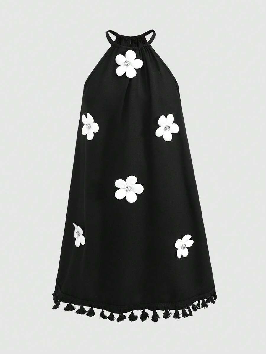 Tween girls floral halter A-line dress with contrast lace, applique and fringe details, sleeveless short length in polyester