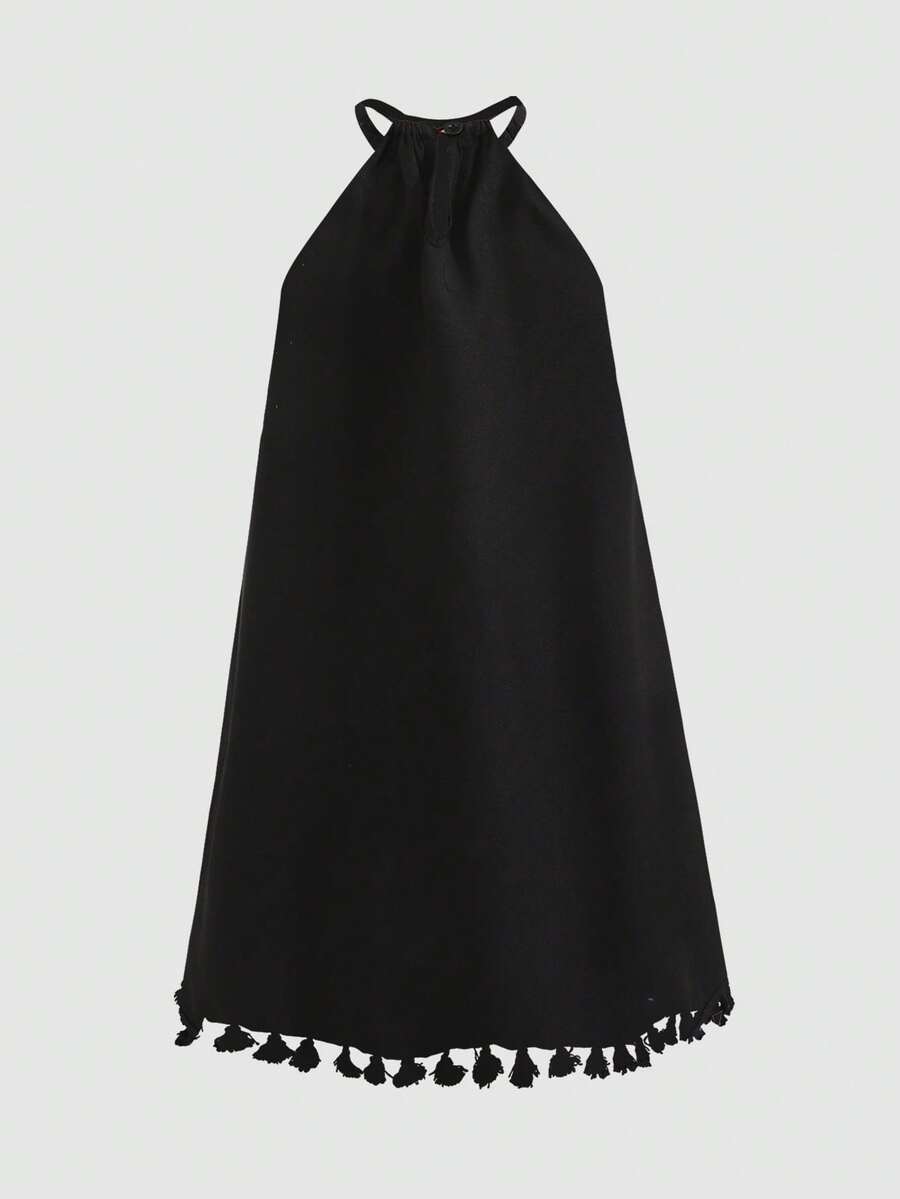 Tween girls floral halter A-line dress with contrast lace, applique and fringe details, sleeveless short length in polyester