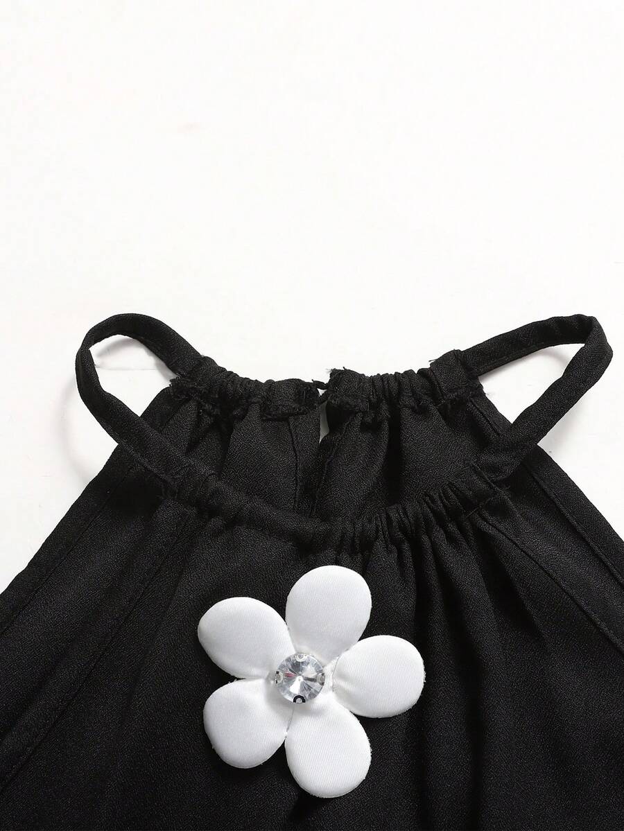 Tween girls floral halter A-line dress with contrast lace, applique and fringe details, sleeveless short length in polyester
