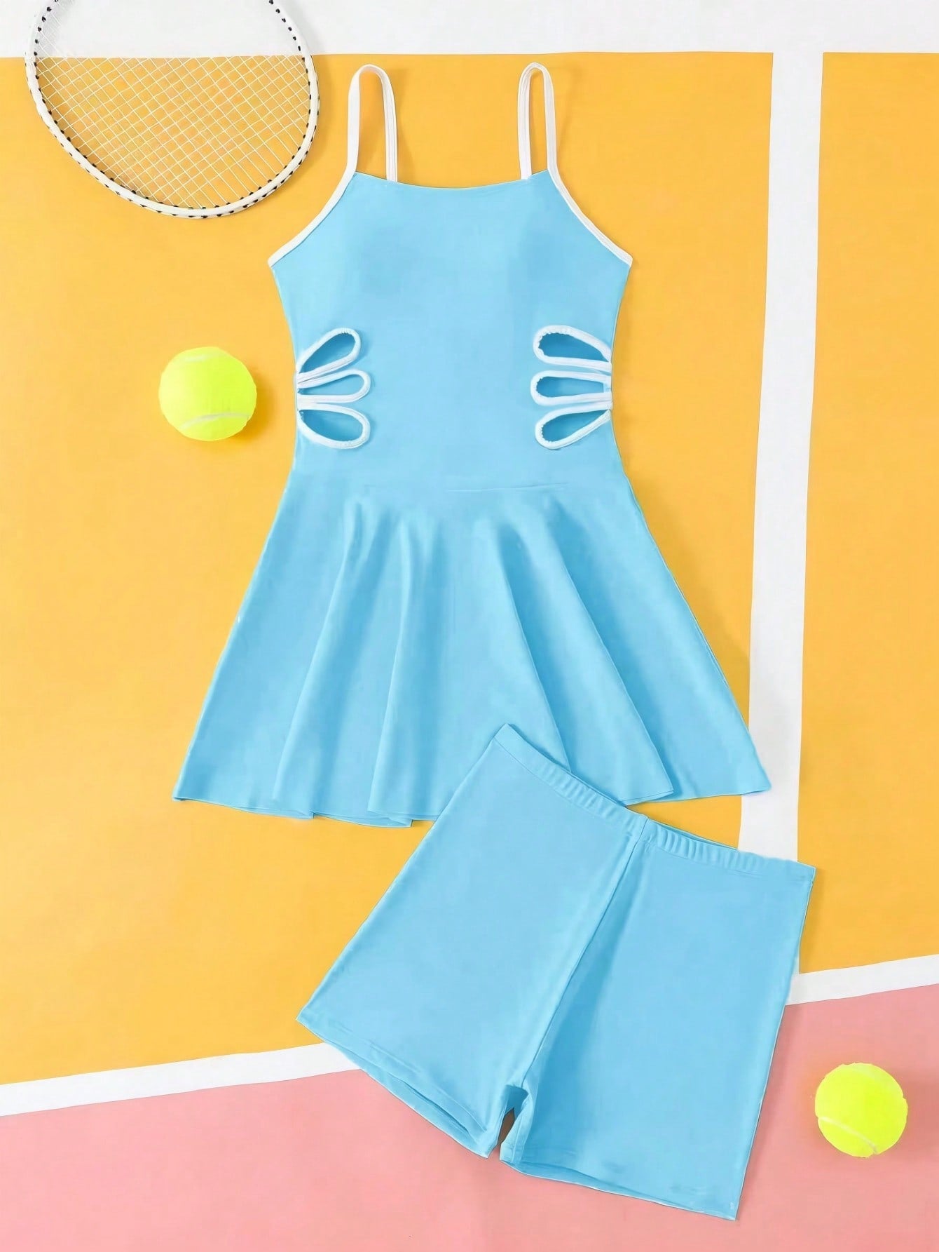 Tween girls black two-piece tankini swimwear set featuring a spaghetti strap sleeveless top with cutout detail and contrast piping, paired with short swim shorts.