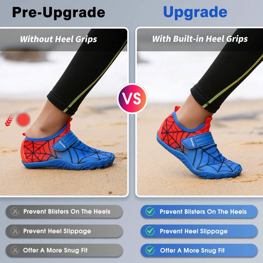 Pair of boys blue water shoes featuring a spider web mesh design, hook and loop strap, and non-slip rubber outsole.