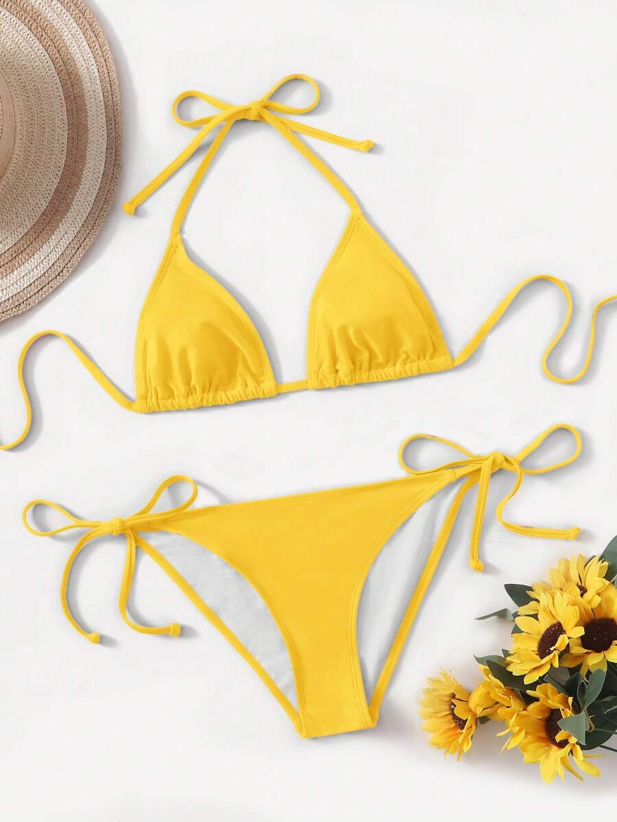 Women's high waist halter tie bikini swimwear set featuring triangle cups, wireless bra with removable padding, and tie side bottoms.
