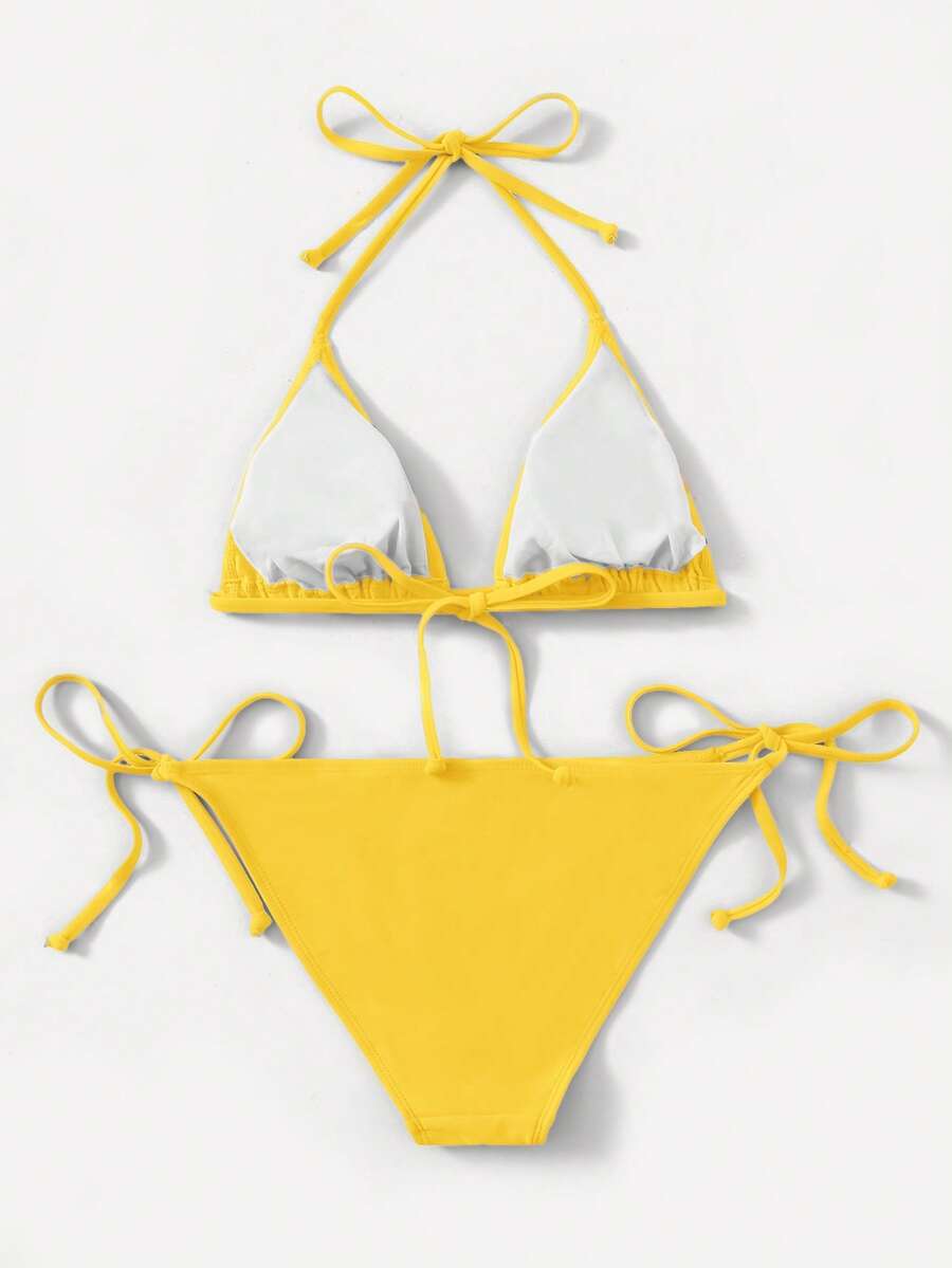 Women's high waist halter tie bikini swimwear set featuring triangle cups, wireless bra with removable padding, and tie side bottoms.