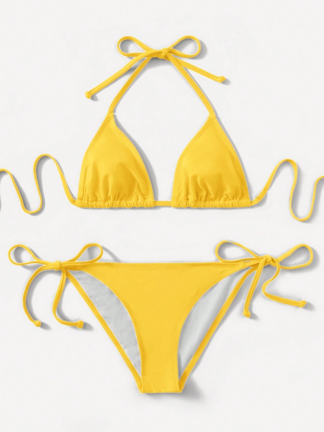 Women's high waist halter tie bikini swimwear set featuring triangle cups, wireless bra with removable padding, and tie side bottoms.