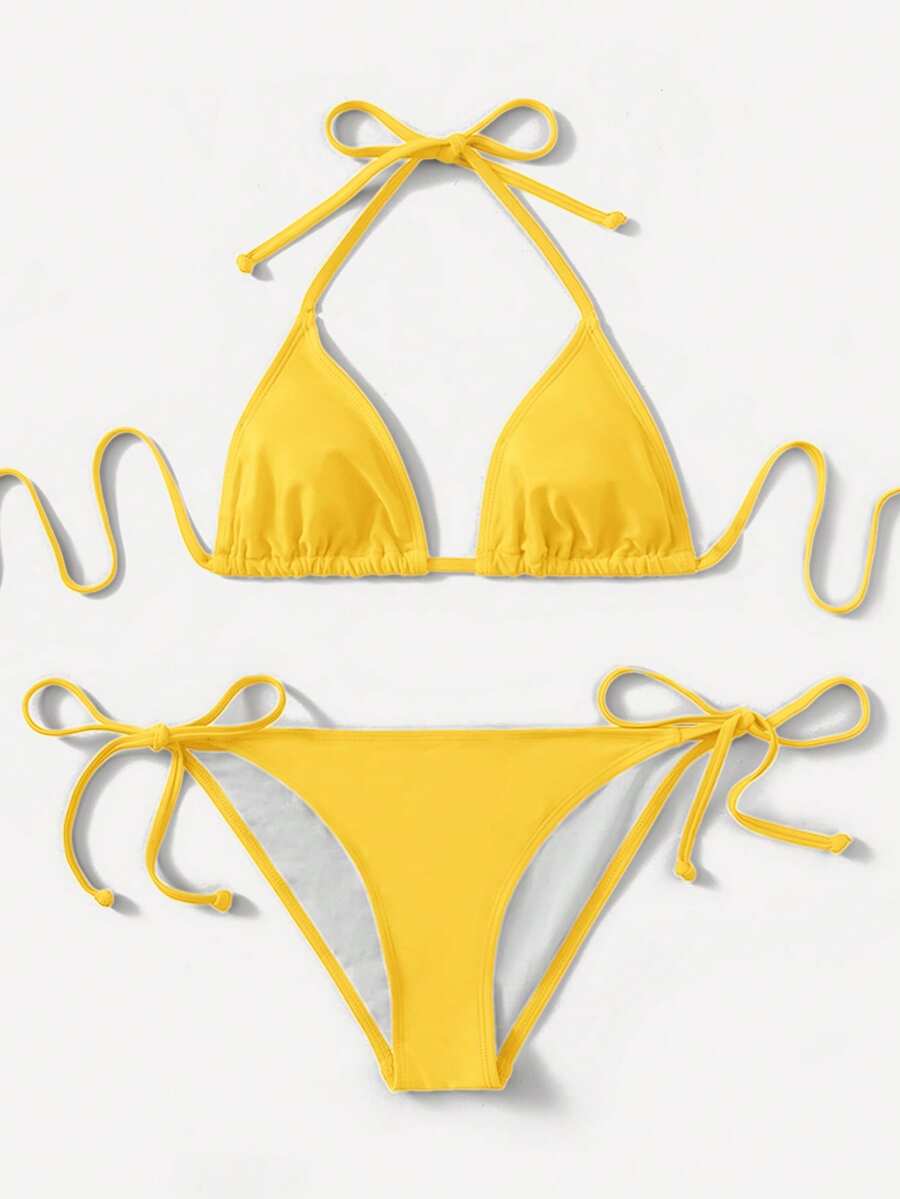 Women's high waist halter tie bikini swimwear set featuring triangle cups, wireless bra with removable padding, and tie side bottoms.