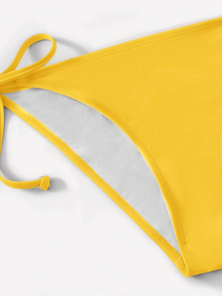 Women's high waist halter tie bikini swimwear set featuring triangle cups, wireless bra with removable padding, and tie side bottoms.