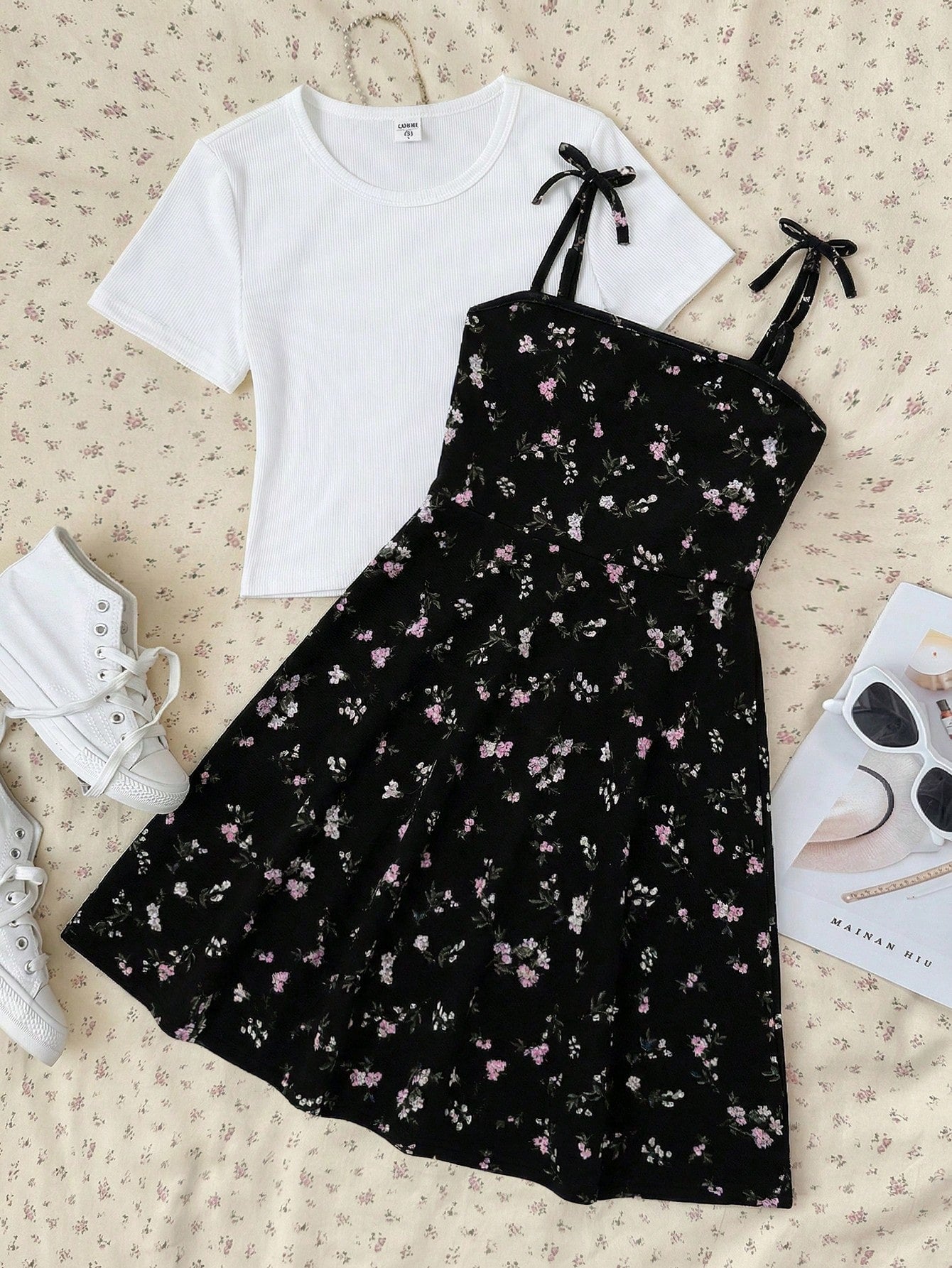 Tween girls' black and white ditsy floral plant print high waist flared camisole dress with a short sleeve t-shirt set.