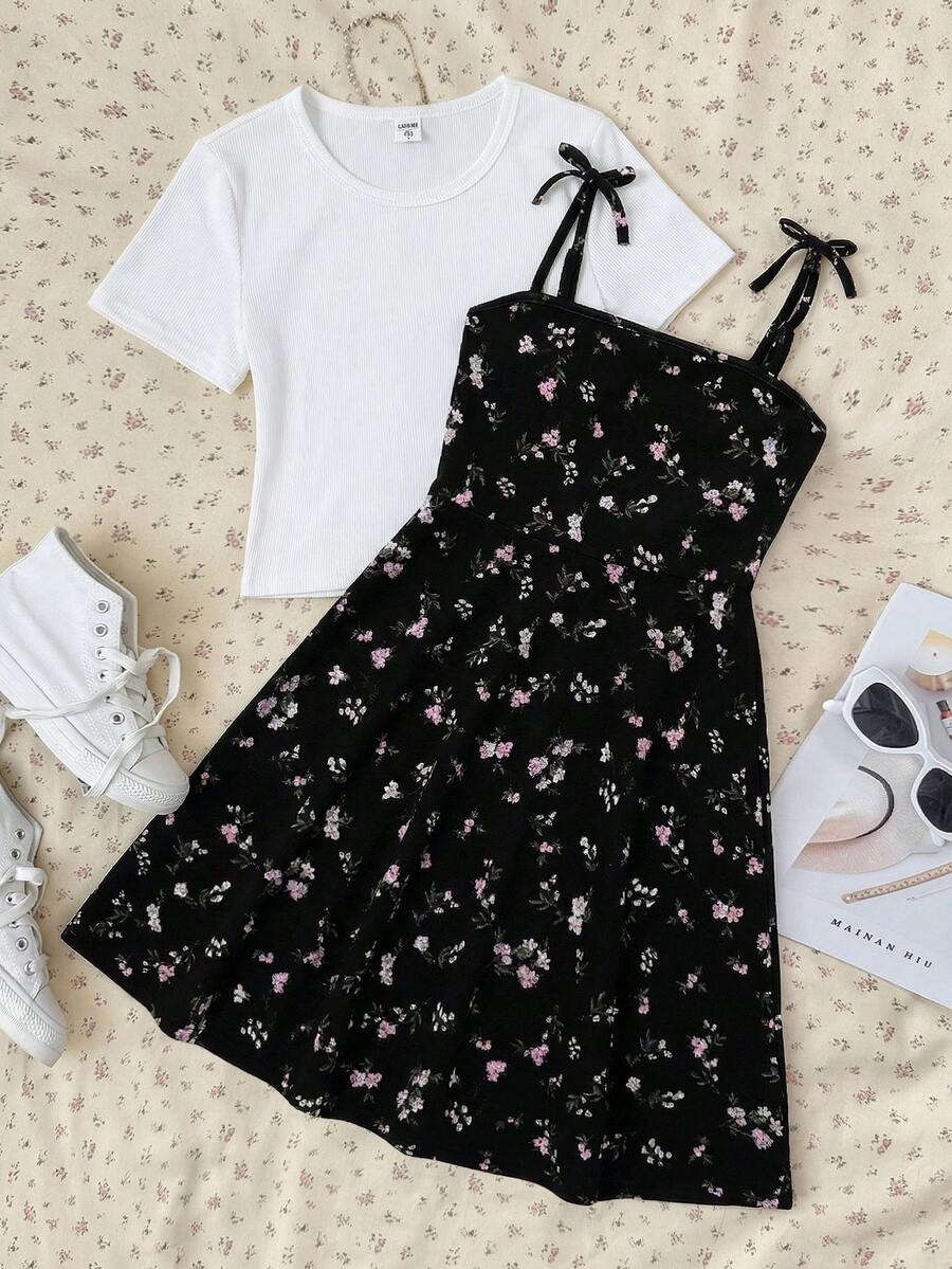 Tween girls' black and white ditsy floral plant print high waist flared camisole dress with a short sleeve t-shirt set.