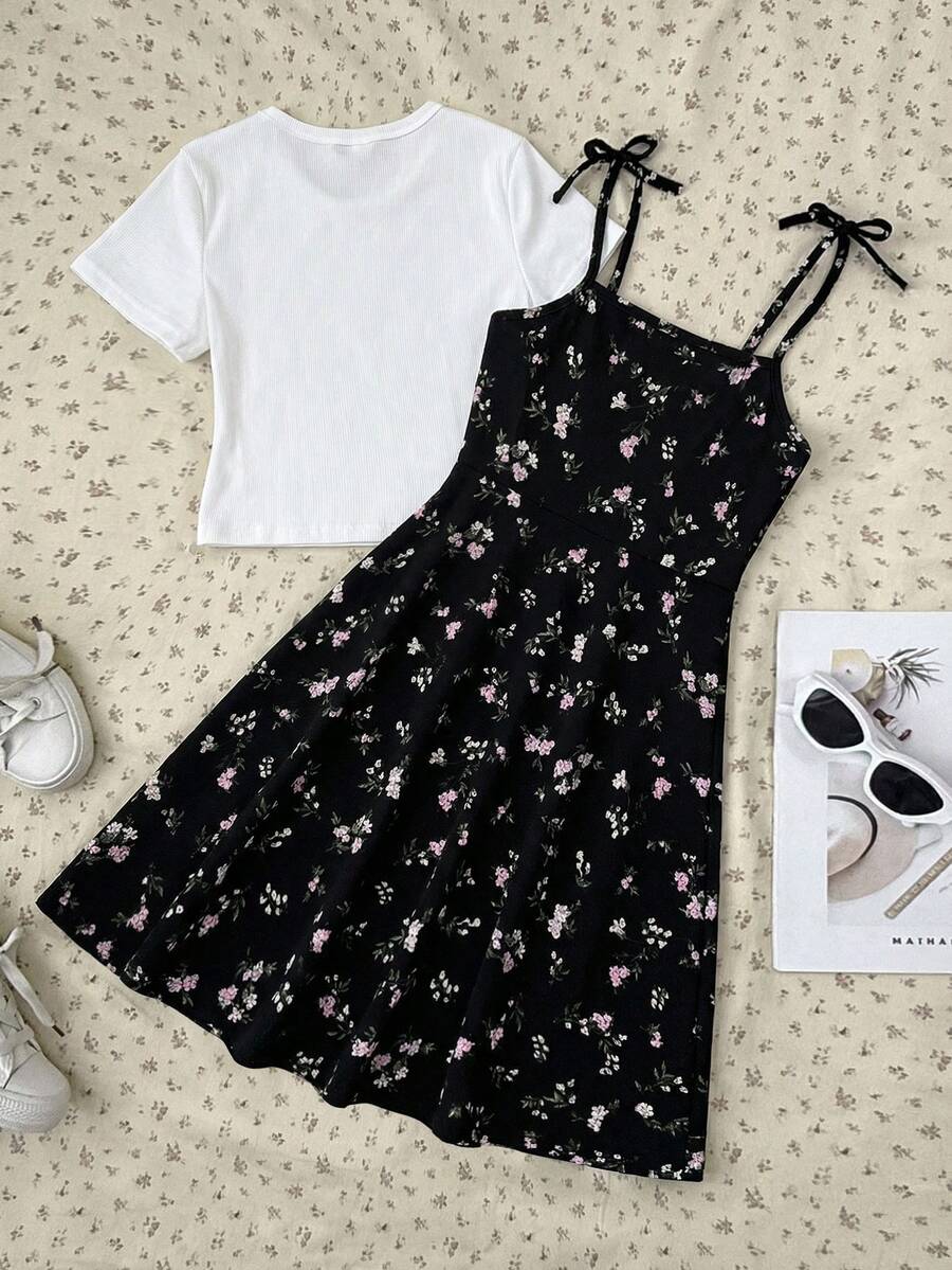 Tween girls' black and white ditsy floral plant print high waist flared camisole dress with a short sleeve t-shirt set.