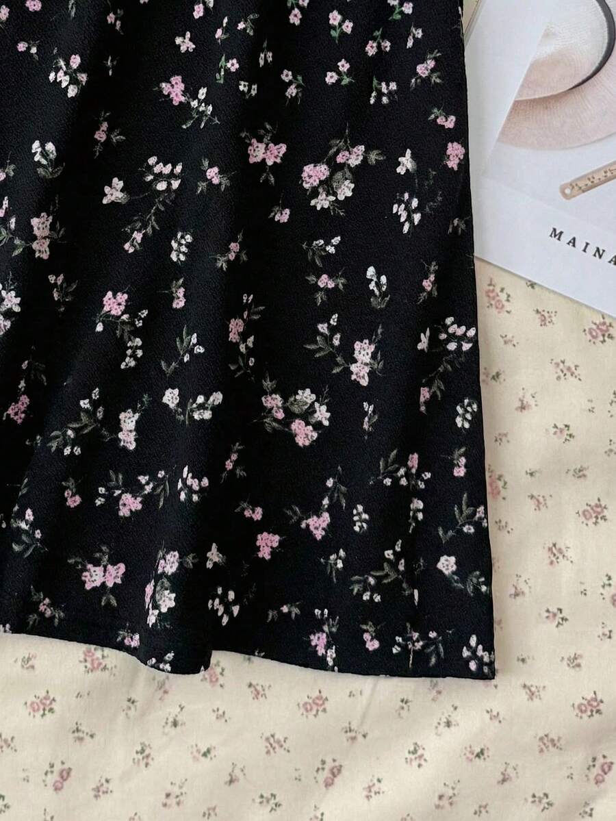 Tween girls' black and white ditsy floral plant print high waist flared camisole dress with a short sleeve t-shirt set.