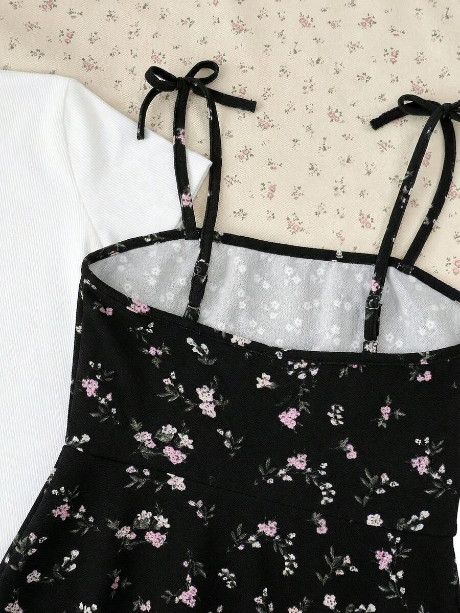 Tween girls' black and white ditsy floral plant print high waist flared camisole dress with a short sleeve t-shirt set.