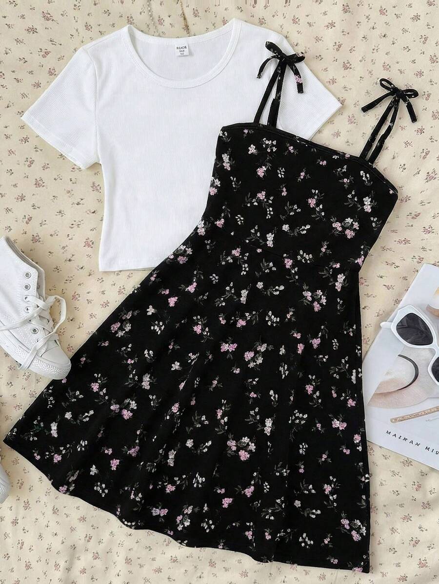 Tween girls' black and white ditsy floral plant print high waist flared camisole dress with a short sleeve t-shirt set.