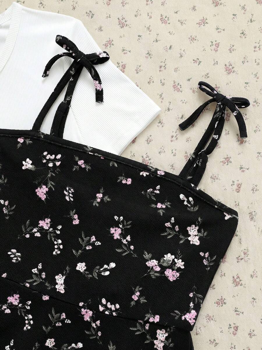 Tween girls' black and white ditsy floral plant print high waist flared camisole dress with a short sleeve t-shirt set.