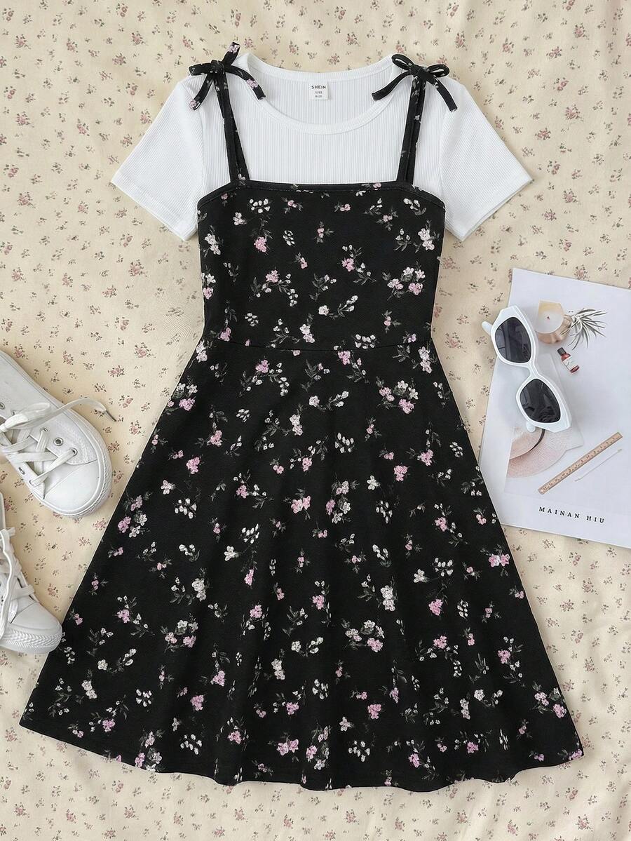 Tween girls' black and white ditsy floral plant print high waist flared camisole dress with a short sleeve t-shirt set.