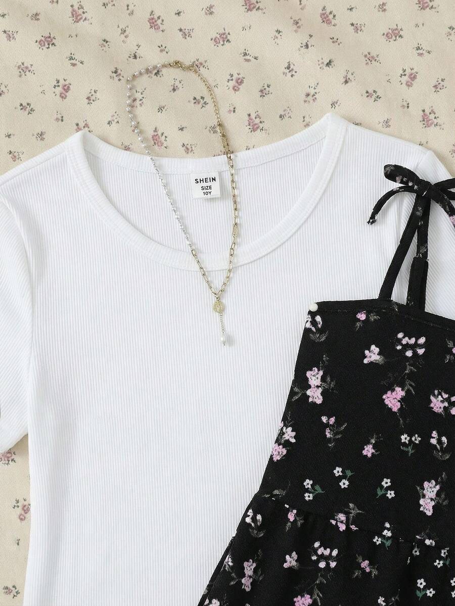 Tween girls' black and white ditsy floral plant print high waist flared camisole dress with a short sleeve t-shirt set.