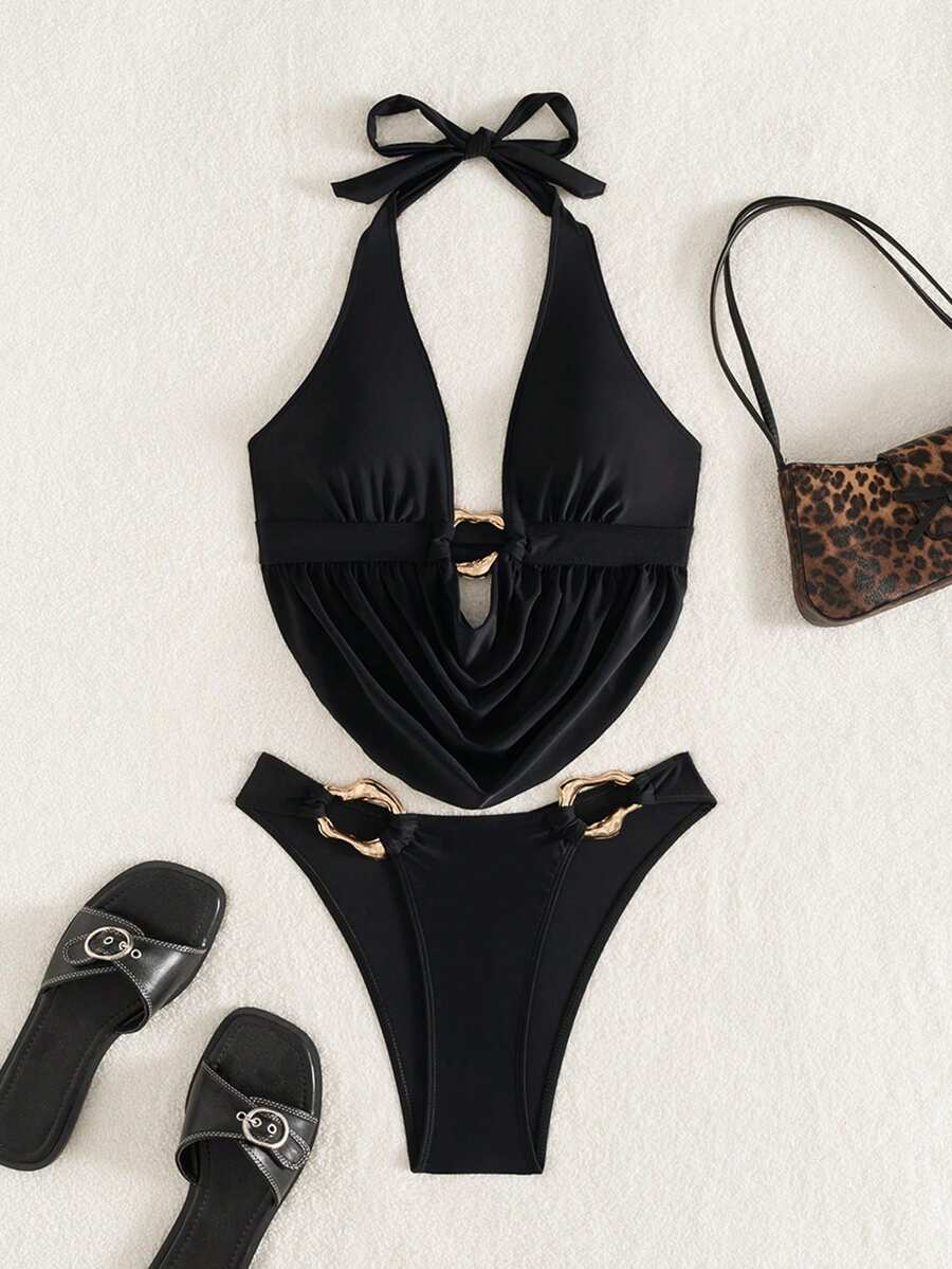 Women's 2-piece bikini set featuring a black deep V-neck lace-up crop top and high cut bikini bottom for beach and vacation wear.