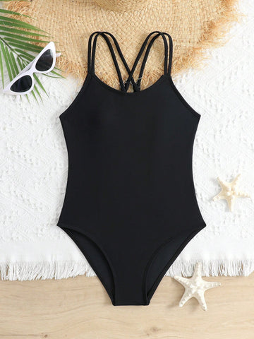 Tween Girls One-Piece Swimsuit With Adjustable Cross Straps, Suitable For Swimming, Summer Vacation, Beach And Seaside