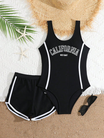 Girls baby blue striped 2-piece swimsuit set with sleeveless scoop neck one-piece, contrast piping, and matching swim shorts for beach and pool wear.