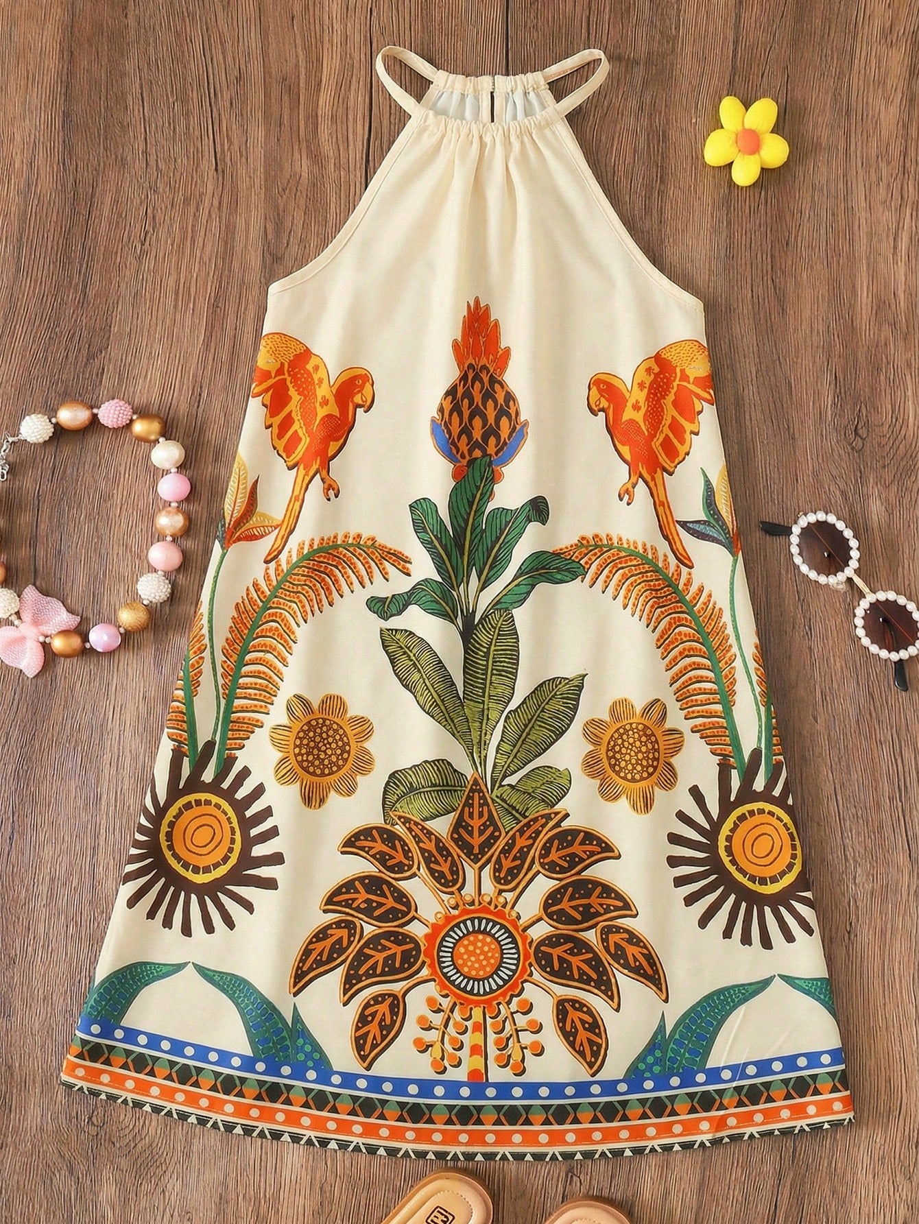 Tween girls floral print dress with halter neckline, sleeveless cold shoulder design, A-line shape, and vacation style.
