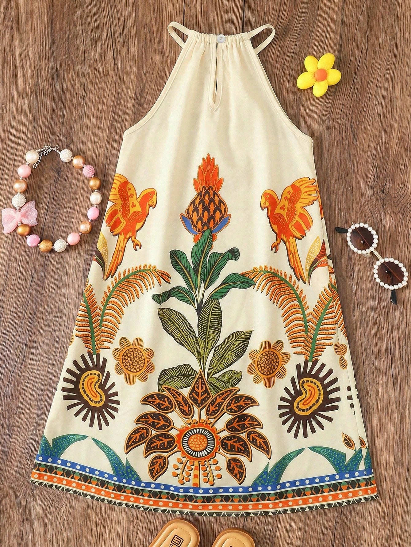 Tween girls floral print dress with halter neckline, sleeveless cold shoulder design, A-line shape, and vacation style.