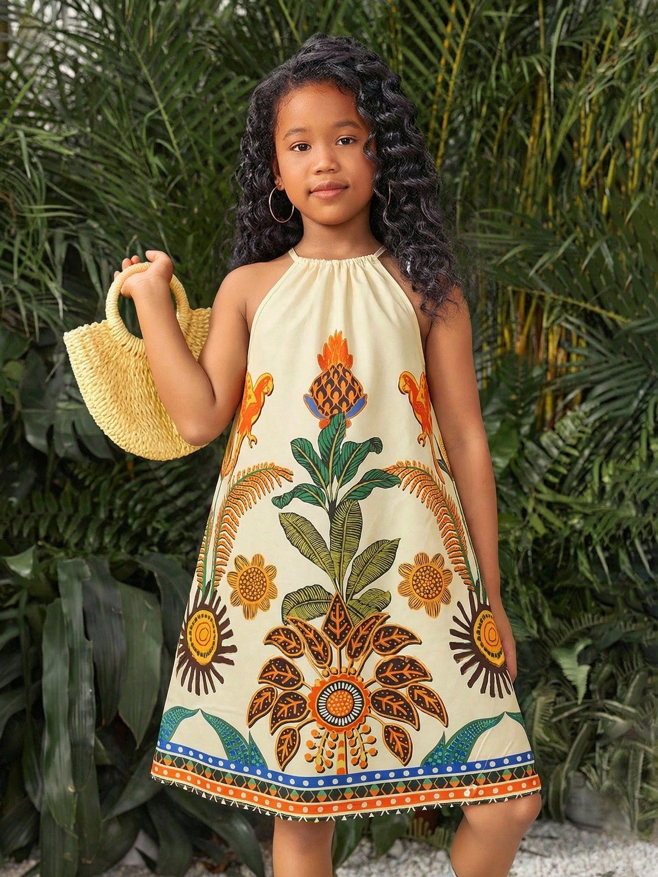 Tween girls floral print dress with halter neckline, sleeveless cold shoulder design, A-line shape, and vacation style.