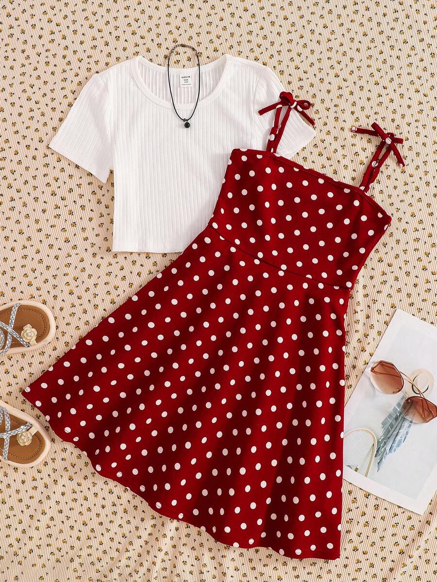 Tween girls' black and white ditsy floral plant print high waist flared camisole dress with a short sleeve t-shirt set.