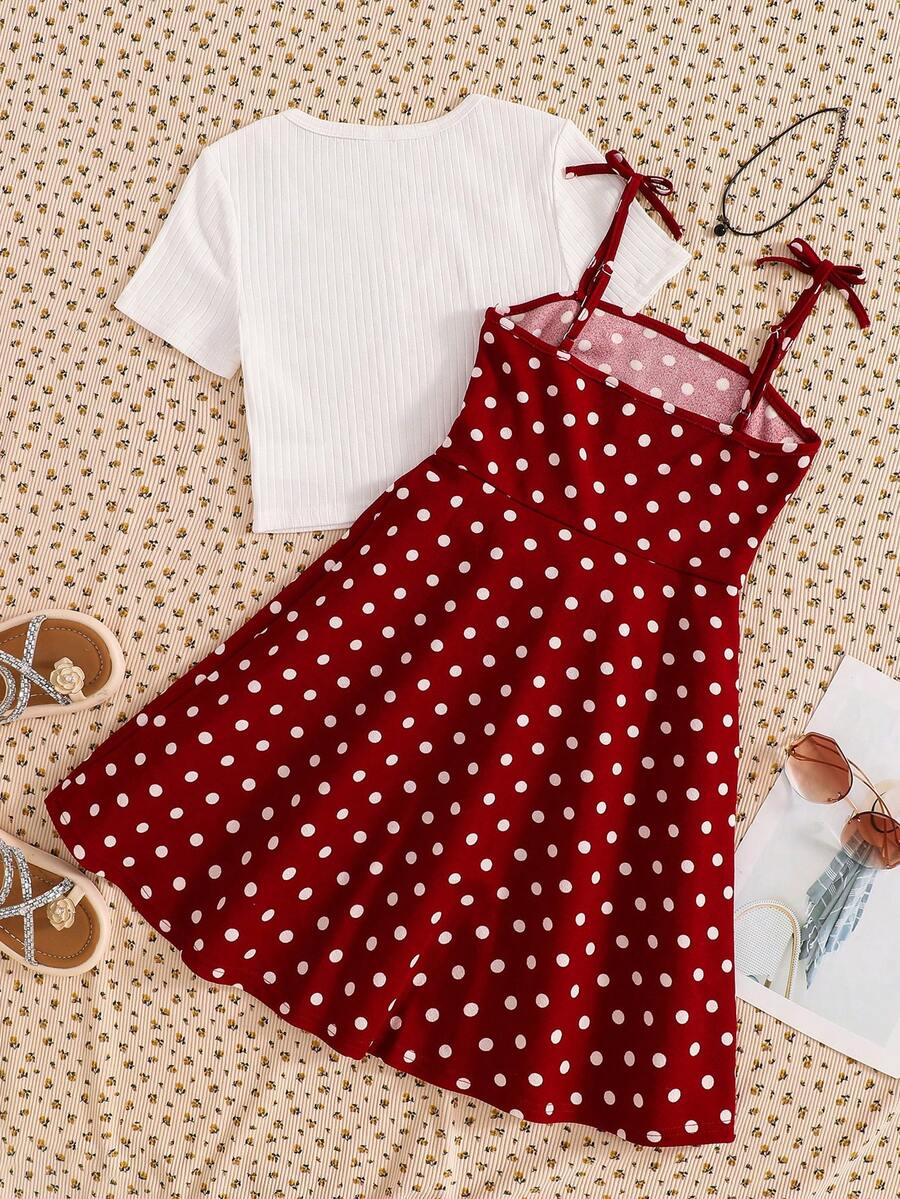 Tween girls' black and white ditsy floral plant print high waist flared camisole dress with a short sleeve t-shirt set.