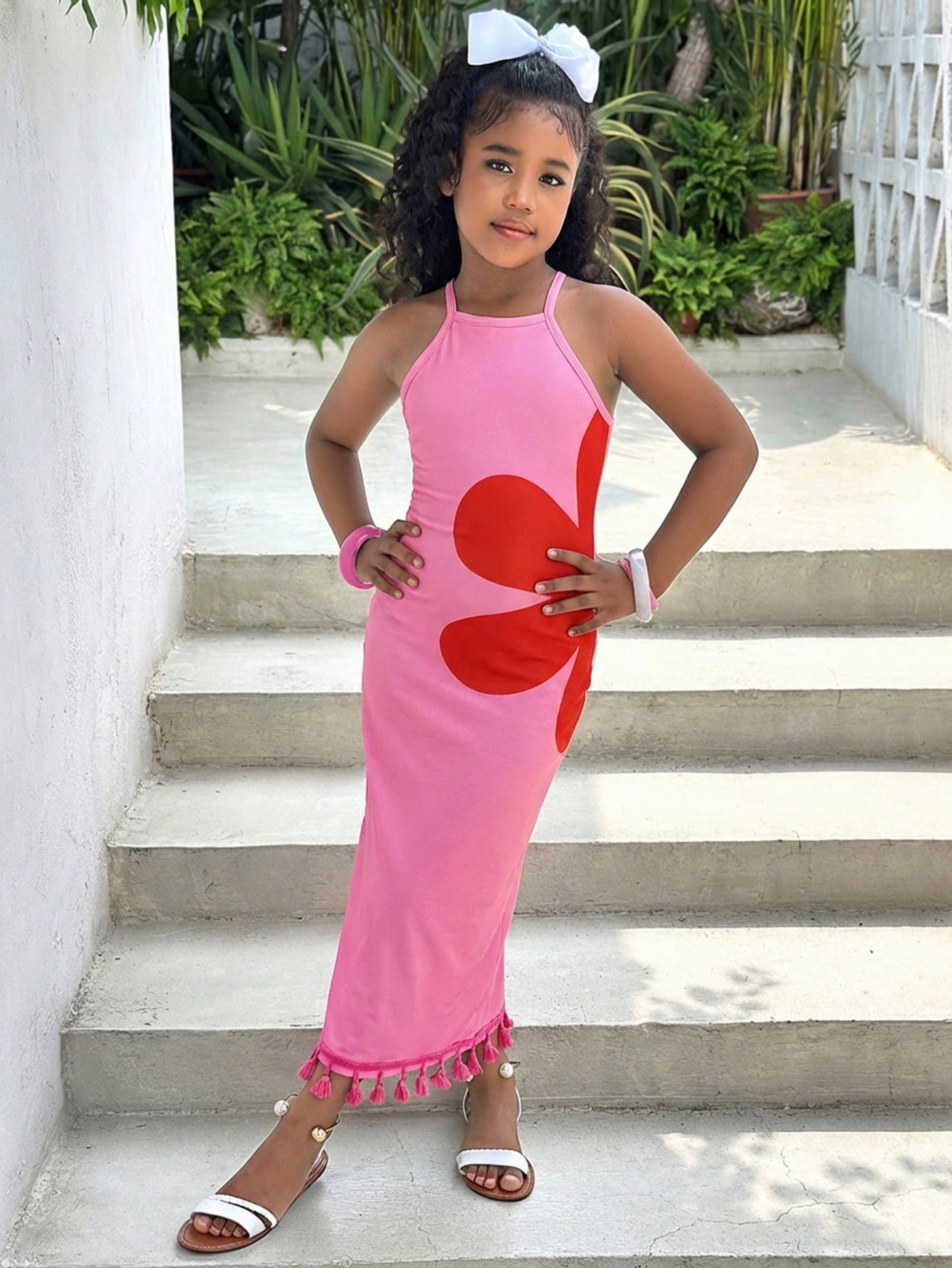 Tween girls halter dress in multicolor Christmas pattern with sleeveless cami design, split detail, slim fit, and long vacation style
