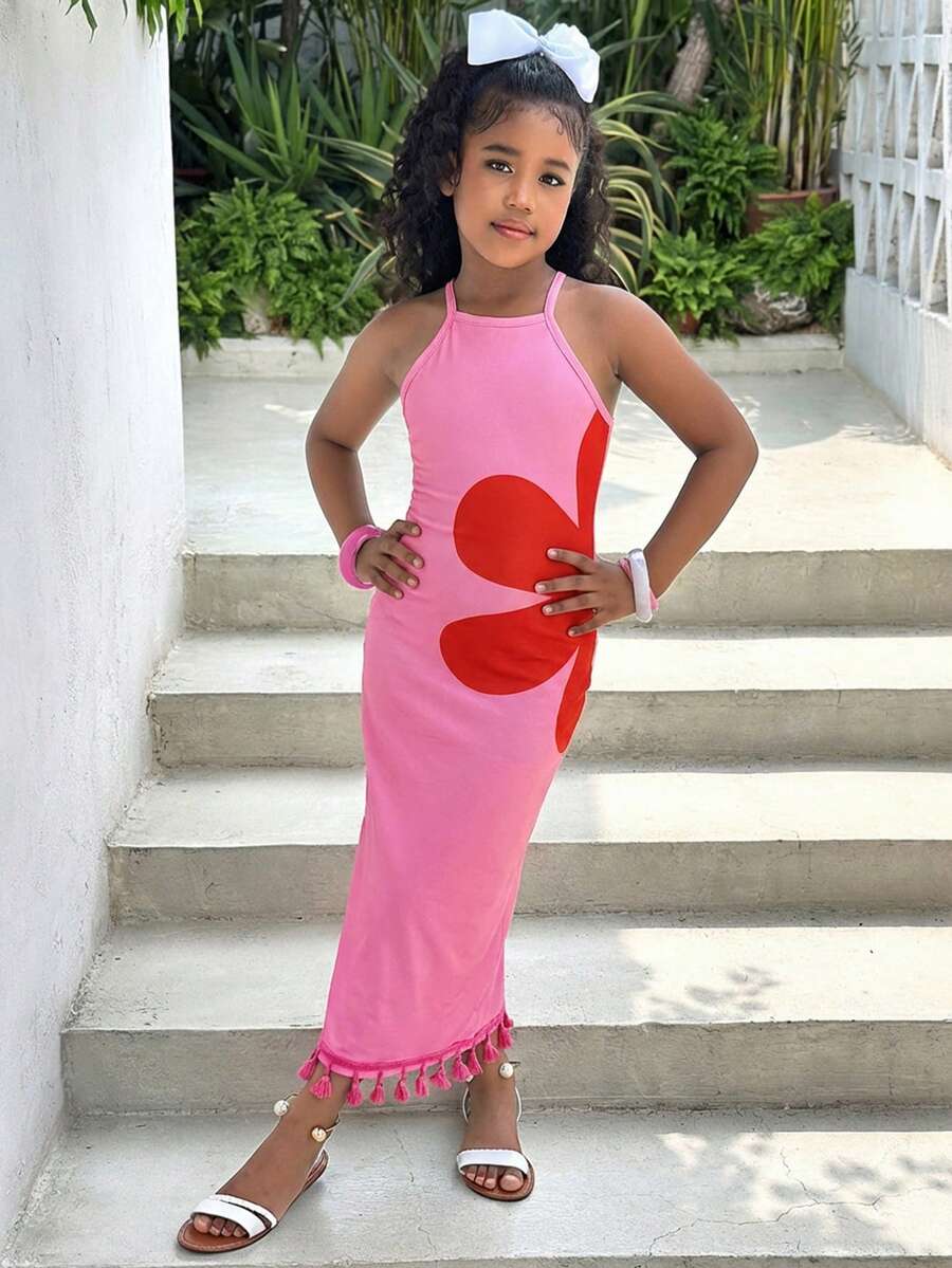 Tween girls halter dress in multicolor Christmas pattern with sleeveless cami design, split detail, slim fit, and long vacation style