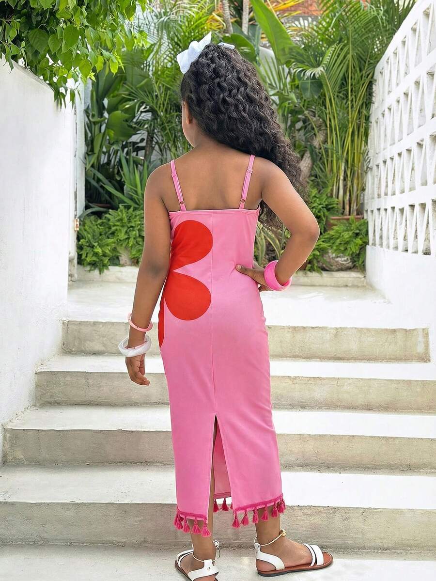 Tween girls halter dress in multicolor Christmas pattern with sleeveless cami design, split detail, slim fit, and long vacation style