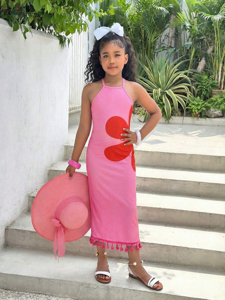 Tween girls halter dress in multicolor Christmas pattern with sleeveless cami design, split detail, slim fit, and long vacation style
