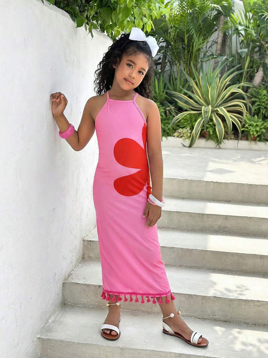 Tween girls halter dress in multicolor Christmas pattern with sleeveless cami design, split detail, slim fit, and long vacation style
