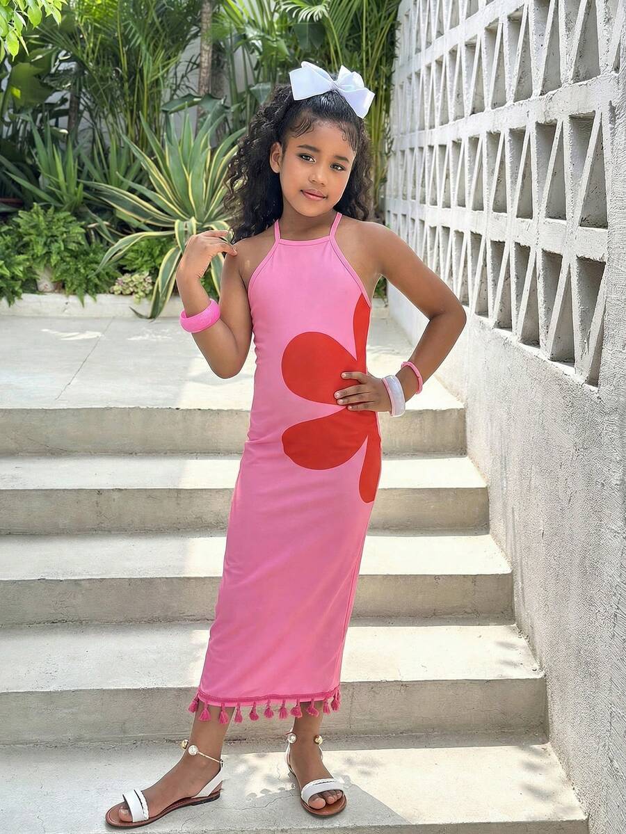 Tween girls halter dress in multicolor Christmas pattern with sleeveless cami design, split detail, slim fit, and long vacation style