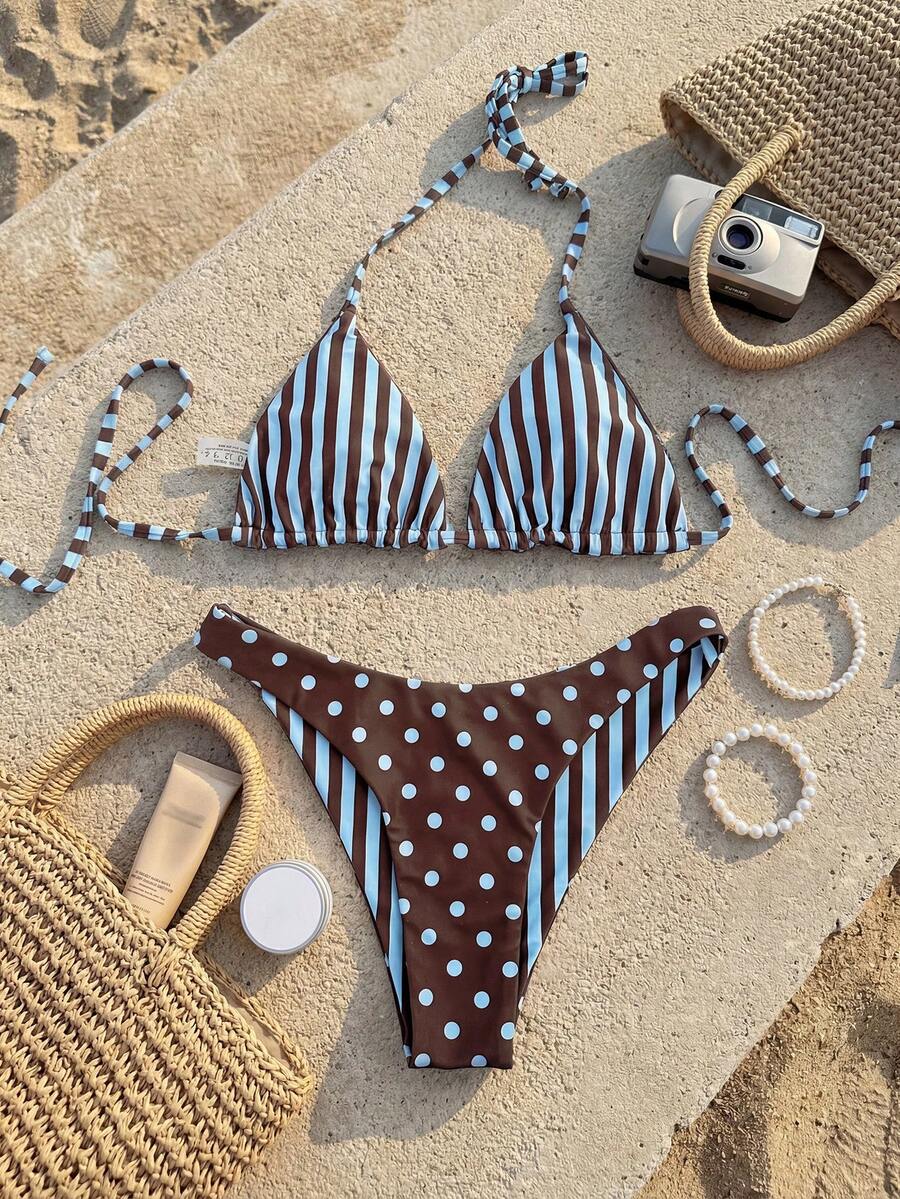 Women's two-piece halter bikini set featuring high cut thong bottoms and removable padding