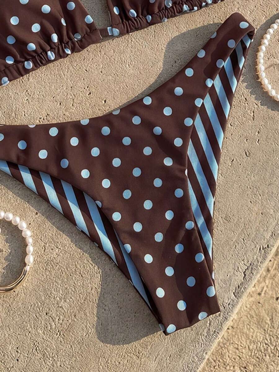 Women's two-piece halter bikini set featuring high cut thong bottoms and removable padding