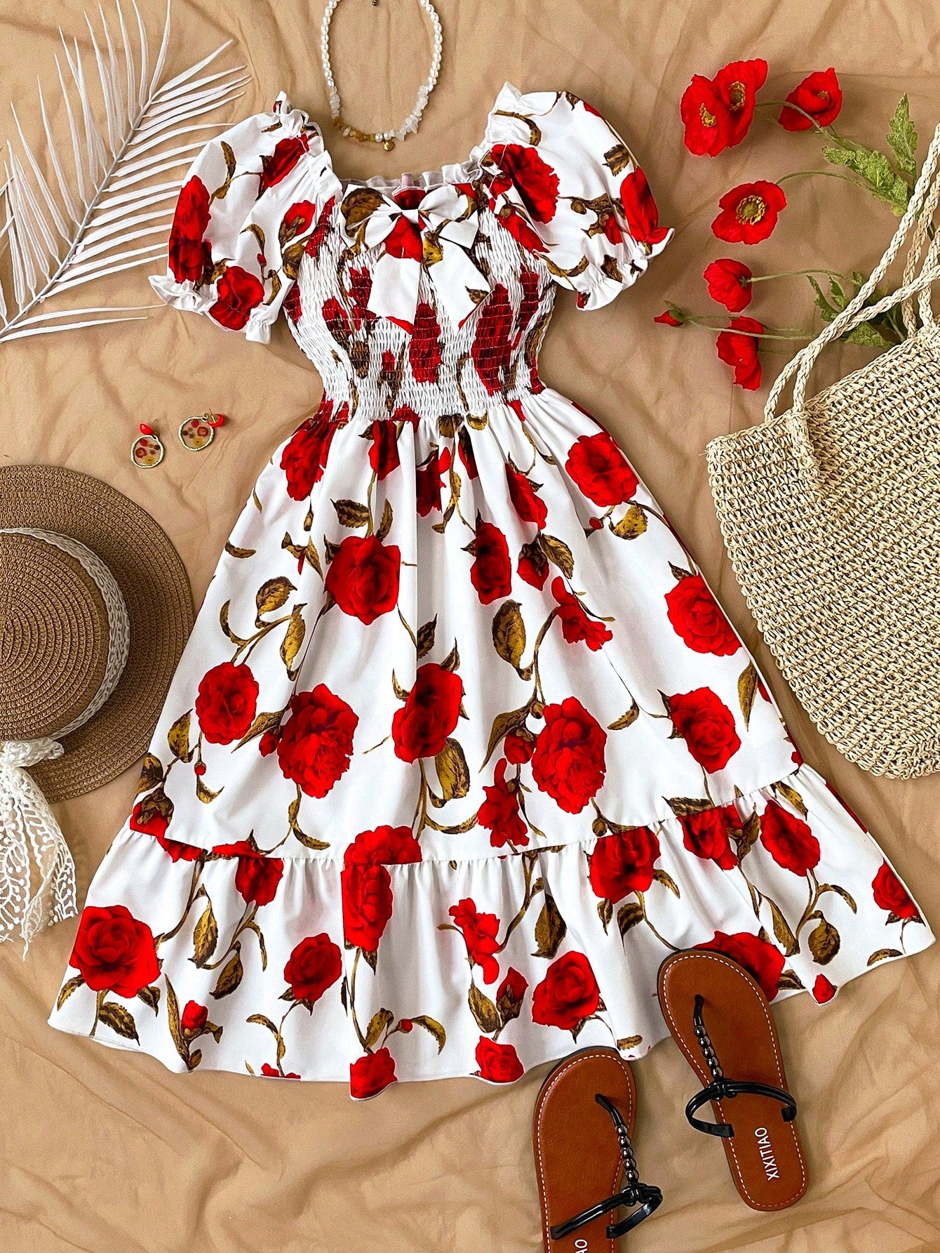 Tween girls black and white geometric short sleeve midi dress with square neck and bow front decor
