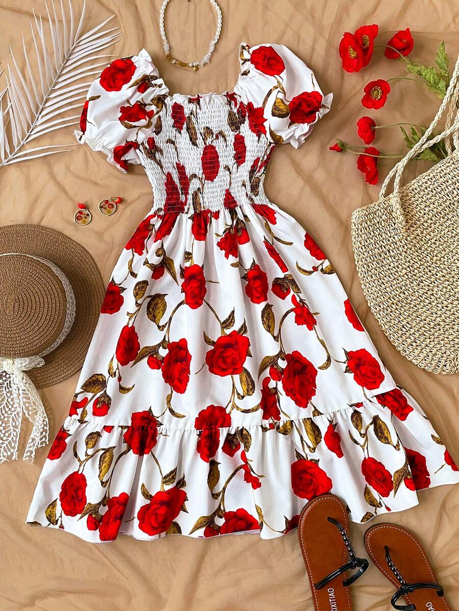 Tween girls black and white geometric short sleeve midi dress with square neck and bow front decor