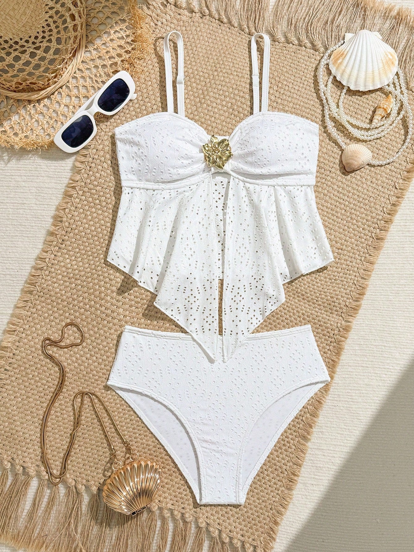Tween girls 2-piece tankini swimwear set in apricot with a textured jacquard look, asymmetrical spaghetti-strap sleeveless top, and matching mid-waist short bikini bottoms.