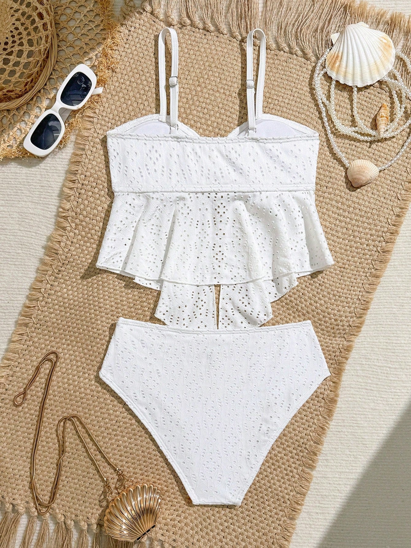 Tween girls 2-piece tankini swimwear set in apricot with a textured jacquard look, asymmetrical spaghetti-strap sleeveless top, and matching mid-waist short bikini bottoms.