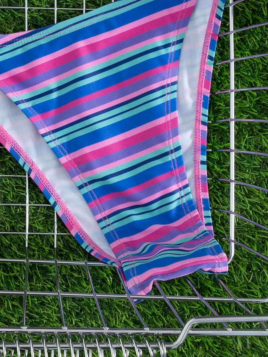 Multicolor women's 2-piece halter triangle bikini set featuring tie-side bottoms and removable padding for beach vacation.