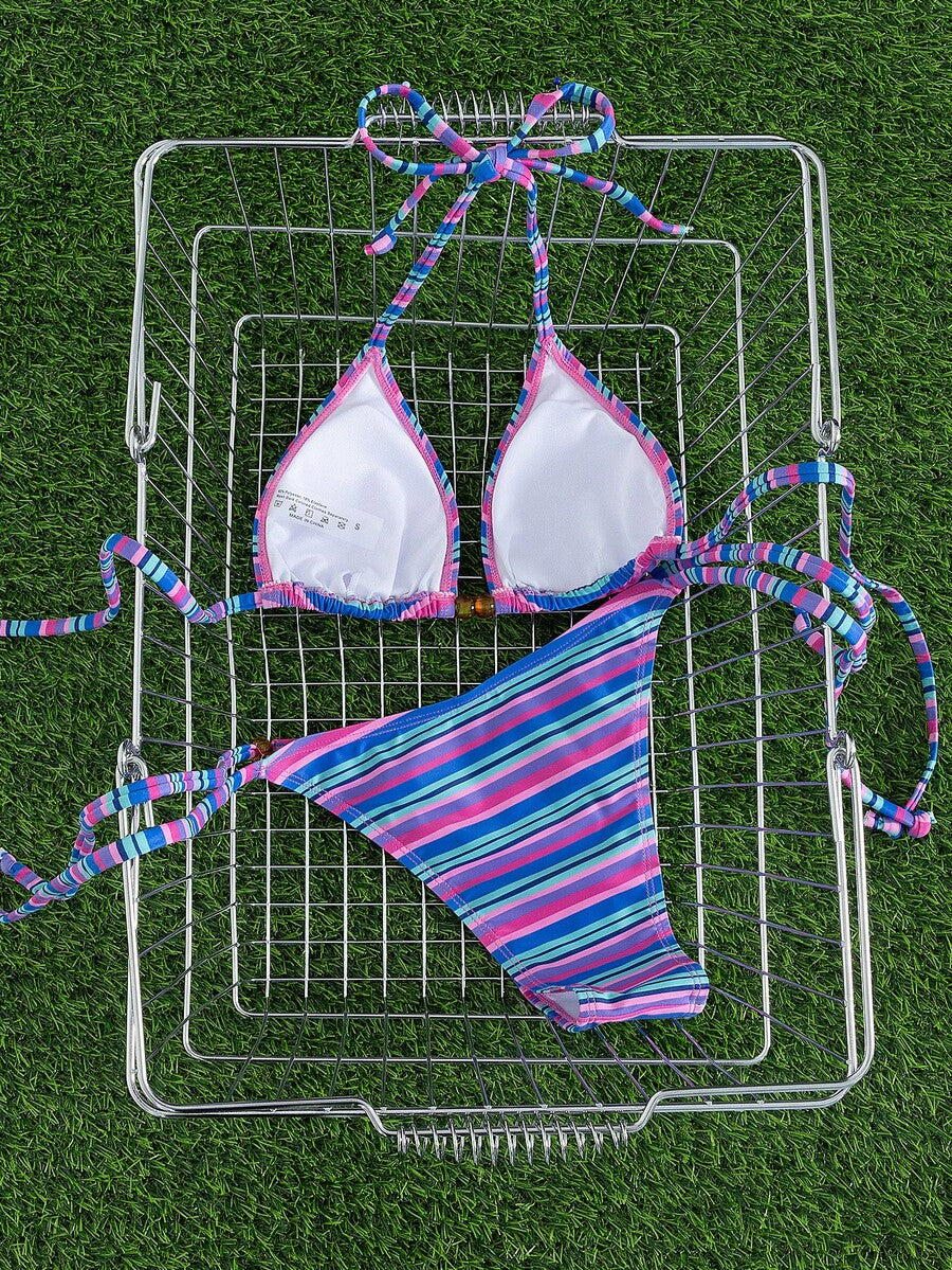Multicolor women's 2-piece halter triangle bikini set featuring tie-side bottoms and removable padding for beach vacation.