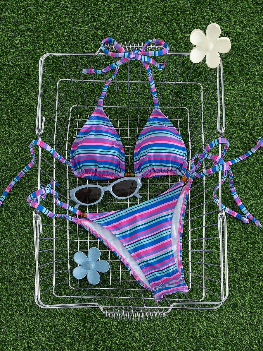 Multicolor women's 2-piece halter triangle bikini set featuring tie-side bottoms and removable padding for beach vacation.