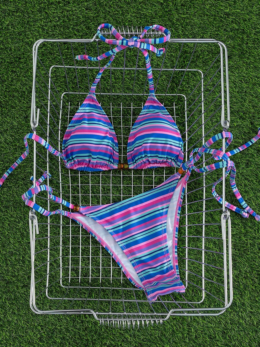 Multicolor women's 2-piece halter triangle bikini set featuring tie-side bottoms and removable padding for beach vacation.