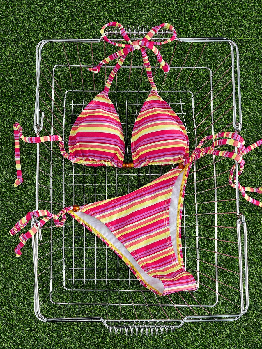 Multicolor women's 2-piece halter triangle bikini set featuring tie-side bottoms and removable padding for beach vacation.